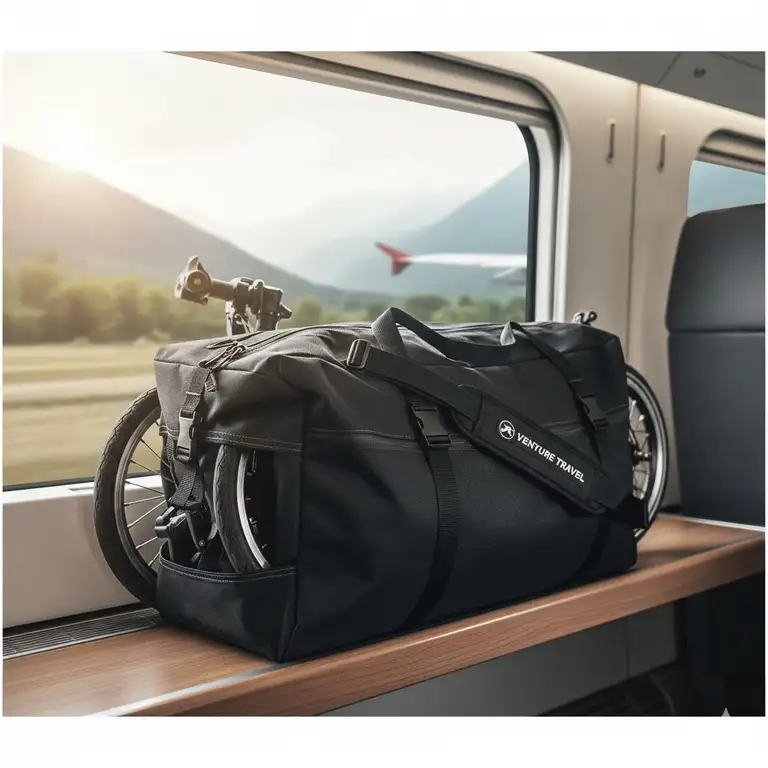 A durable folding bike bag with a shoulder strap, securely holding a disassembled bicycle, ready for travel on a train or plane.