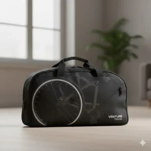 Close-up of a compact, black folding bike bag zipped up with a carry handle, showing the bike safely stored inside.