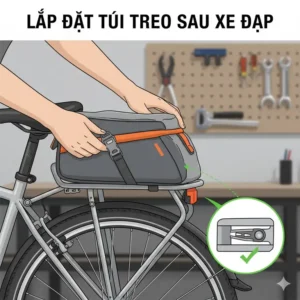 Cyclist demonstrating the large storage volume of a fully packed bike rear rack bag with zippered compartments.