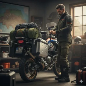 Securing waterproof bags and essential gear onto the bike for a long **motorcycle camping** trip.