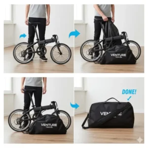 Step-by-step visual demonstrating the process of collapsing a bicycle and fitting it into the folding bike bag.