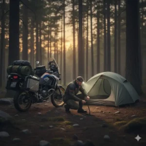 A compact, lightweight tent pitched next to a touring motorcycle, ideal for easy **motorcycle camping** setup.