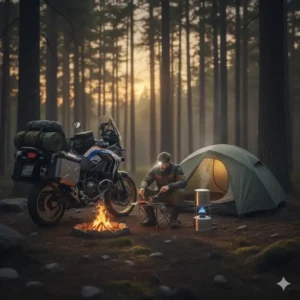 Preparing a simple meal on a portable camping stove while **motorcycle camping** in a forest clearing.