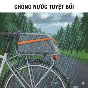 A completely sealed and waterproof bike rear rack bag keeping essential gear dry during a rain storm.