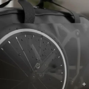 Detail shot of the high-quality, waterproof fabric of a folding bike bag, highlighting the protective material.