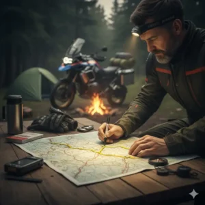 A close-up of a paper map with a highlighted route, indicating essential planning for a successful **motorcycle camping** tour.