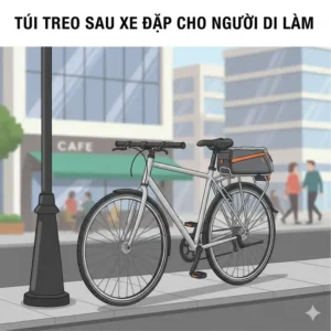 Detail of the highly visible reflective logo and strips on the bike rear rack bag for enhanced night time safety.