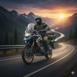 A motorcyclist riding their loaded bike along a winding mountain road to the next **motorcycle camping** destination.