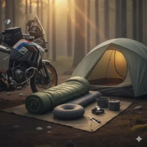 A durable, compact sleeping bag and pad laid out, highlighting essential comfort gear for **motorcycle camping.`
