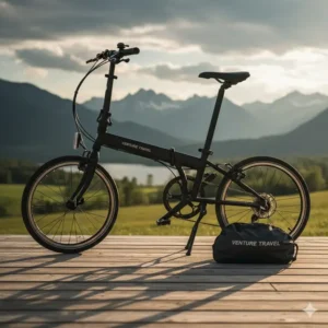 A fully assembled bicycle standing next to its neatly folded, empty folding bike bag, ready for a ride.