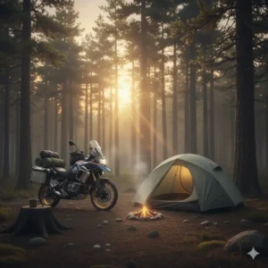 Early morning view of a quiet campsite with a motorcycle parked next to a campfire pit, the peaceful end of a **motorcycle camping** night.