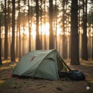 Close-up of a compact, lightweight tent, perfect for motorcycle camping gear and easy storage on a bike.