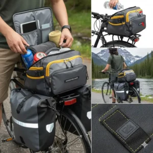 Close-up view of the interior and compartments of the **bicycle rear rack bag**, highlighting its storage capacity.