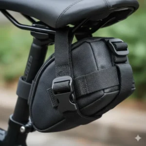 Close-up of the durable straps and quick-release buckle used to securely attach the bicycle saddle pouch to the saddle rails.