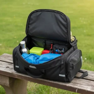 Demonstrating the main storage capacity of the bicycle trunk bag, easily fitting a lunch, water bottle, and small bike tools.