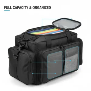Side view of a spacious bike trunk bag showing full storage capacity and organized compartments.