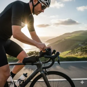 Cyclist reaching into their top tube bike bag while riding on a scenic route.