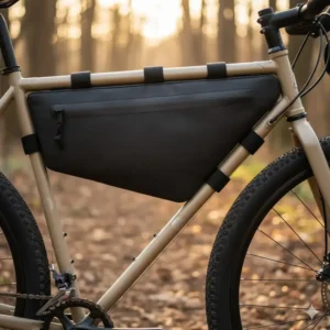 Close-up side view of a half frame bag on a bicycle, highlighting its slim profile and easy-access zipper.