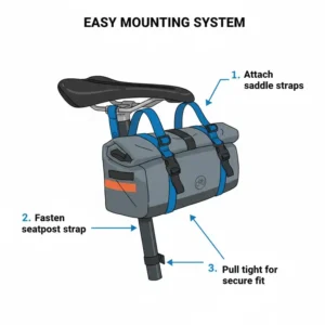 Diagram showing the easy mounting system of the seat bike bag to the bicycle's saddle rails.