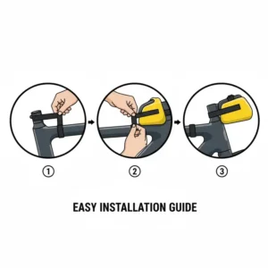 Step-by-step image showing how to easily install a cycling **top tube bag** using its secure Velcro straps around the stem and top tube.