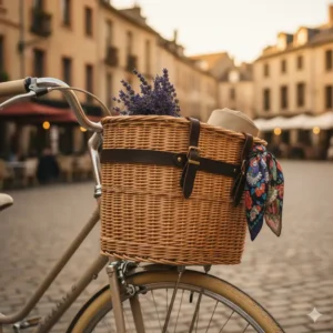 Close-up of a classic wicker front bike basket with leather straps for a vintage look.