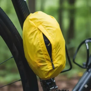 Close-up shot of a lightweight cycling rain jacket folded into its own pocket for easy packing and portability.