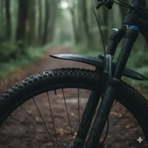 Close-up view of the best-rated front mtb fender (mudguard) attached beneath the suspension fork crown, protecting the rider's face from mud spray.