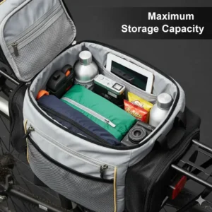 Diagram or photo showing the quick-release and secure attachment system for the **bicycle rear rack bag** to the bike rack.