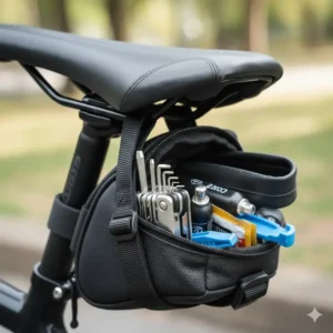 The main compartment of the bicycle saddle pouch open, clearly showing essential cycling tools like a multi-tool, CO2 canister, and tire levers neatly stored.
