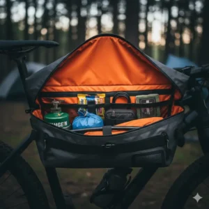 An open full frame bag interior, showing the generous storage capacity for bikepacking and touring supplies.