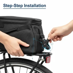 Step-by-step close-up demonstrating the quick-release clip mechanism to attach the bike trunk bag to the rack.