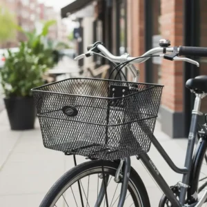 Durable black metal mesh front bike basket with quick-release mounting hardware.