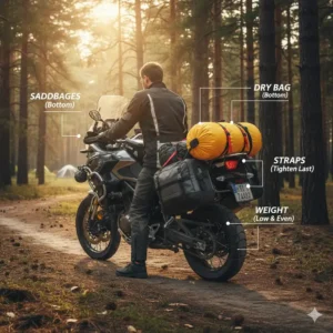 An illustration demonstrating the best way to load and secure soft saddlebags and a dry bag with motorcycle camping gear on the rear seat.