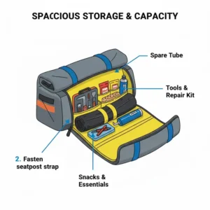 Illustration of the interior of the seat bike bag showing ample storage space.