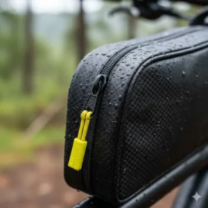 Close-up view of the waterproof zipper on the top tube bike bag.