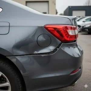 Photograph of a severely damaged and dented back fender requiring panel repair or replacement.