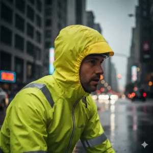 Ergonomic hood of a waterproof cycling rain jacket fitting comfortably over a standard bike helmet.