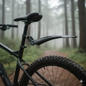 Image showing a clip-on rear mtb fender securely mounted to the seat post, highlighting the quick-release mechanism for easy installation.