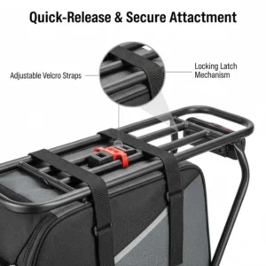 A person demonstrating the waterproof material of the **bicycle rear rack bag** by pouring water over it.