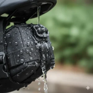 Rain-resistant fabric on a waterproof bicycle saddle pouch with water beading off, protecting contents from the elements.