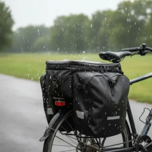 Water-resistant bicycle trunk bag material and sealed zippers protecting contents from rain and road spray during a ride.