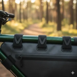 Detailed shot of the durable, adjustable V-Mounts and TPU straps used for secure frame bag attachment to the bike.