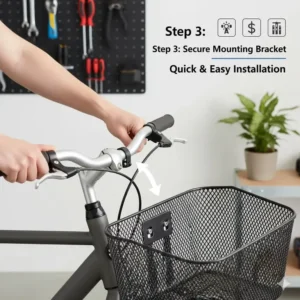 Step-by-step image showing how to easily install a front bike basket onto handlebars.