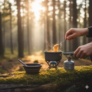 A small, efficient, and collapsible camp stove and mess kit used for preparing meals with compact motorcycle camping gear.
