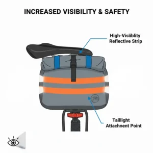 Close-up showing the high-visibility reflective strip on the rear of the seat bike bag.