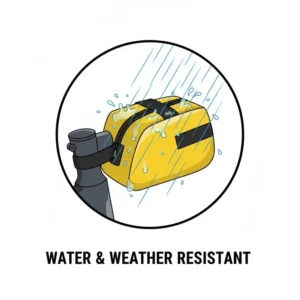 A durable, water-resistant **bicycle top tube bag** being tested with rain spray, highlighting its sealed zipper and protective material.