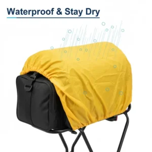 A water-resistant bike trunk bag staying dry during light rain, showcasing the included integrated rain cover.