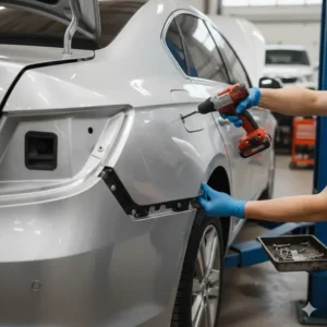 Technician removing the fasteners during the process of taking off an old or damaged back fender panel.
