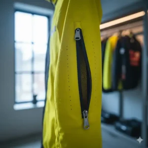 Detail view of a large zippered underarm vent on the cycling rain jacket for improved airflow and breathability.