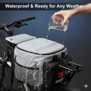 A cyclist using the detachable shoulder strap to carry the **bicycle rear rack bag** off the bicycle like a commuter bag.